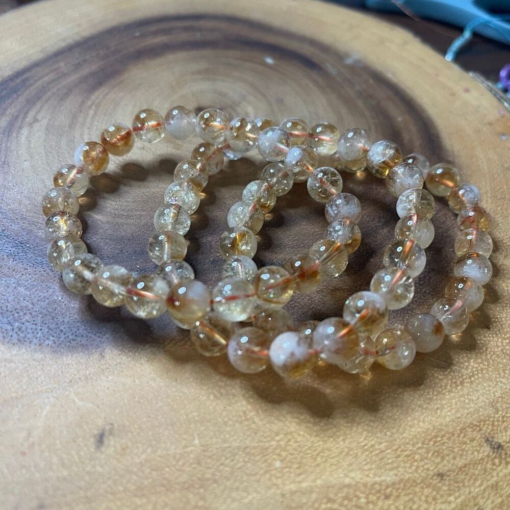 Citrine beaded beads stretch bracelet 8mm yellow clear crystal healing 7” new ha